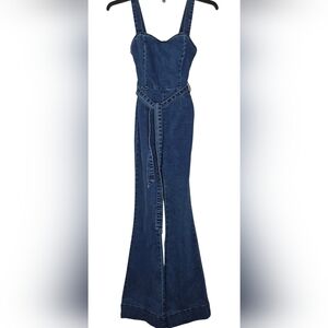LITZ Denim Jumpsuit Womens Wide Leg Belted Smocked Back Blue Stretch Jean Romper